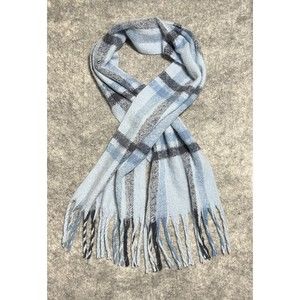 STEVE MADDEN Tartan Plaid Scarf LARGE Long Blue Multi Fringe Soft Outdoors